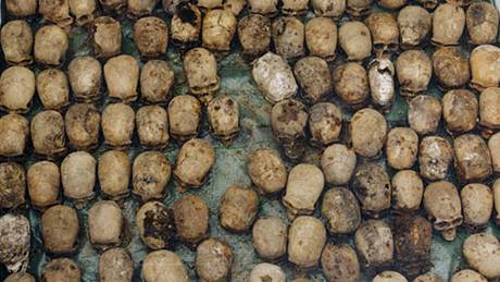 Lebky obětí genocidy nalezené v masovém hrobě u vesnice Nyabikenke. 