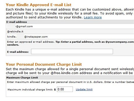 Doplňte si adresy, ze kterých vám mohou na Kindle chodit dokumenty ke konverzi a nahrání do čtečky. Nastavíte-li si nulový limit, budou vám dokumenty doručovány jen zdarma.