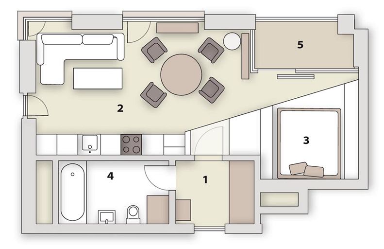 Pdorys bytu: 1/ pedsí, atnam, 2/ kuchy, jídelna a obývací pokoj, 3/ postel, 4/ koupelna a WC, 5/ balkon