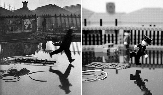 Vlevo: Slavná momentka od Henri Cartier-Bressona, vpravo rekonstrukce ze stavebnice Lego od Angliana Mikea Stimpsona