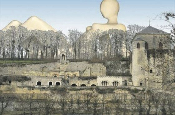 Fotomontá, provázející petici proti zbudování sochy Femme-Loire nad historickým opatstvím Marmoutier, Tours, Francie