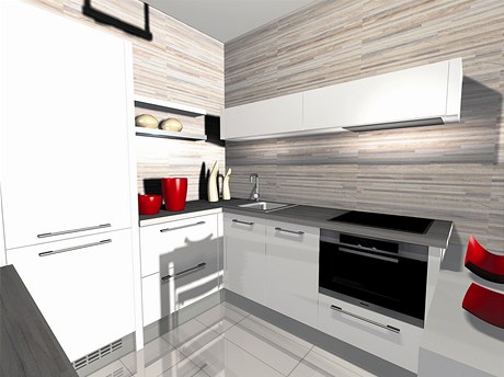 Nadčasové. Bílá lesklá barva prostor opticky zvětšuje, obkladové desky ke stropu dodávají kuchyni eleganci