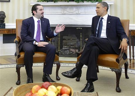 Pád vlády zastihl libanonského premiéra Saada Harírího bhem jednání s Barackem Obamou  (12. ledna 2010)