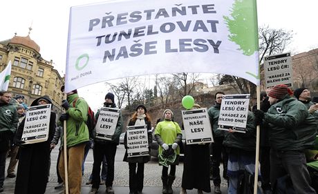 Ped vládou protestovalo proti plánu prodeje deva ze státních les nkolik desítek aktivist z Hnutí Duha.