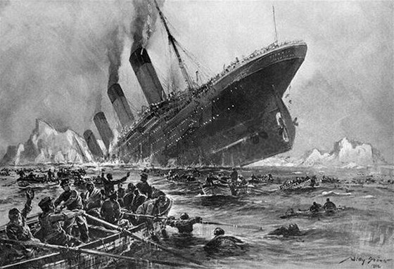Potápjící se Titanic na kresb svdka katastrofy Willyho Stöwera