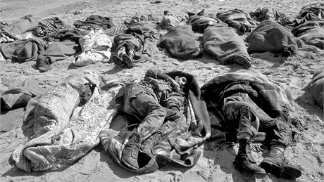 Mrtví irátí vojáci v severním Kuvajtu v únoru 1991. Bhem války jich bylo zabito na 25 000.