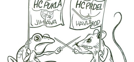 Kdy se spor mezi Duklou Jihlava a brodskými Rebely rozhoel, zaujal i karikaturistu tpána Maree (ilustraní kresba).