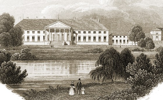 Zahradní prelí zámku Kaina s prhledem do parku k rybníku Tempel na grafice z poátku 19. století.