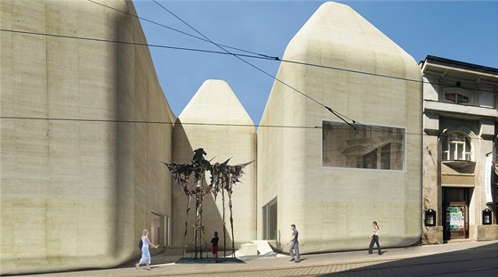 Architektonická studie Stedoevropského fóra, které mlo vzniknout v Olomouci. V popedí vstupní piazzetta se sochou Alee Veselého Kaddish  Modlitba za zemelého.