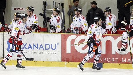 Chrudim�tí hokejisté se radují po vst�elené brance.