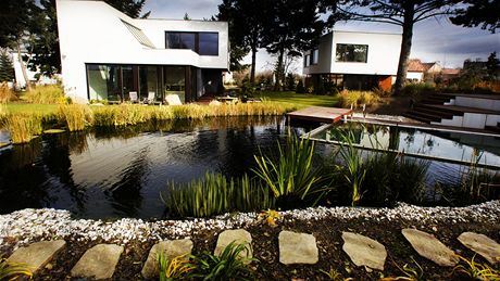 Dva rodinné domy jsou vsunuté mezi vzrostlé stromy, p�írodní charakter dopl�uje koupací jezírko kombinované s bazénem