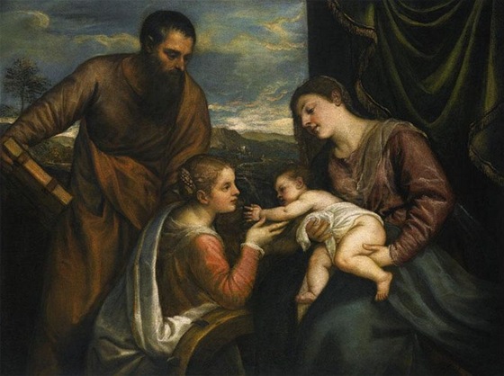 Tizianv obraz  Svatý rozhovor: Madona s díttem, svatými Lukáem a Kateinou Alexandrijskou (kolem roku 1560)