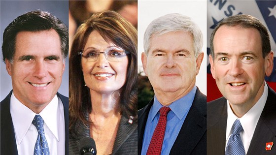 Republikántí kandidáti (zleva): Mitt Romney, Sarah Palinová, Newt Gingrich a Mike Huckabee.