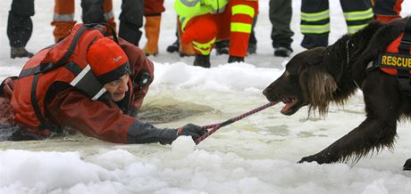 Zchrani a hasii trnovali na zamrzlm lipenskm jezee v Doln Vltavici zchranu osob ze zamrzl vody.