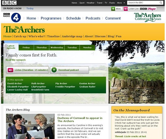 Titulní internetová stránka seriálu The Archers - 7. února 2011 