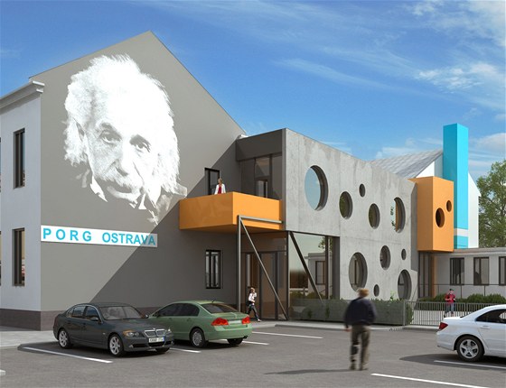 Návrh budovy koly PORG v Ostrav s portrétem Alberta Einsteina na fasád. 