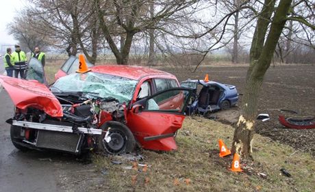 idi seatu ped jízdou pil, po nehod u Hulína dv auta skonila ve strom (18. 2. 2011)