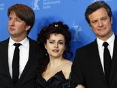 Berlinale 2011 - delegace k filmu Kings Speech (zleva) T. Hooper, H.B. Carterová a C. Firth
