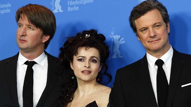 Berlinale 2011 - delegace k filmu Kings Speech (zleva) T. Hooper, H.B. Carterová a C. Firth