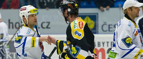 JE PO VEM. Plzeský kapitán Martin Straka blahopeje litvínovským hokejistm k postupu.