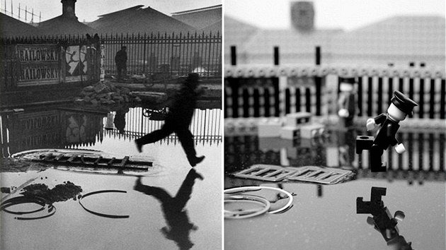 Vlevo: Slavná momentka od Henri Cartier-Bressona, vpravo rekonstrukce ze stavebnice Lego od Angličana Mikea Stimpsona