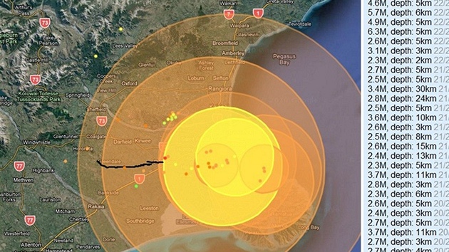 Seismický záznam novozélandského zemtesení