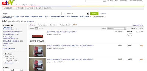 Podezelý prodej 256GB USB flash pamti na aukním serveru eBay