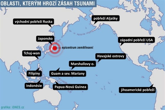 Zemtesen v Japonsku, bezen 2011, oblasti, kterm hroz vlna tsunami