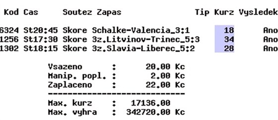 V�HERN� TIKET. Na tuhle s�zenku tipuj�c� z Prahy vyhr�l skoro 350 tis�c korun.