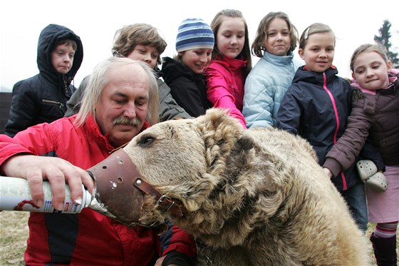 Cvičitel Jaroslav Kaňa dává medvědovi za odměnu šlehačku.