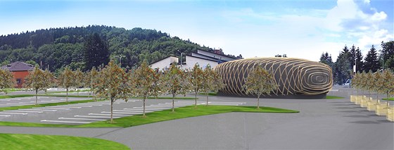 Vizualizace kongresovho centra brnnskho architekta Zdeka Frnka ve tvaru jedlov iky, kter m bt do konce roku dokoneno u hotelu Eropln v Ronov pod Radhotm.