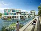 Vodní domy v Hamburku. Nmecké msto kanál se honosí titulem Evropská zelená metropole roku 2011. Jedním z tamních ekologických projekt jsou montované domy s inteligentními technologiemi stavné nad vodou.