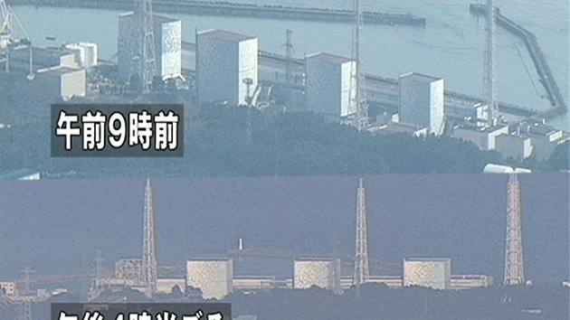 Snímek ukazuje jadernou elektrárnu Fukuima I ped a po výbuchu.