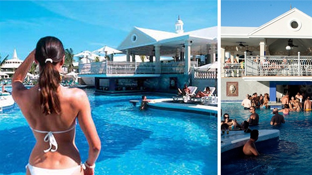 Jamaica, Riu Negril Club. Vlevo oficiální snímek poloprázdného letoviska se sexy turistkou, vpravo nafocená realita. 