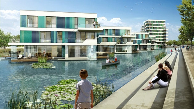 Vodní domy v Hamburku. Nmecké msto kanál se honosí titulem Evropská zelená metropole roku 2011. Jedním z tamních ekologických projekt jsou montované domy s inteligentními technologiemi stavné nad vodou.