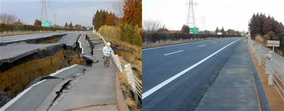 Šest dní po ničivém zemětřesení je silnice v japonské prefektuře Ibaraki opravena