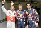 Zleva: Lewis Hamilton, Sebastian Vettel a Mark Weber.