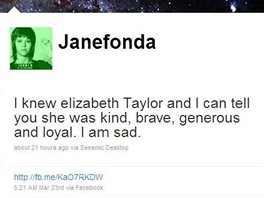 Jane Fonda píše na Twitter o úmrtí Elizabeth Taylorové