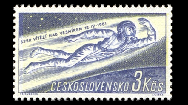 Poštovní známka s prvním člověkem ve vesmíru J. A. Gagarinem (duben 1961)