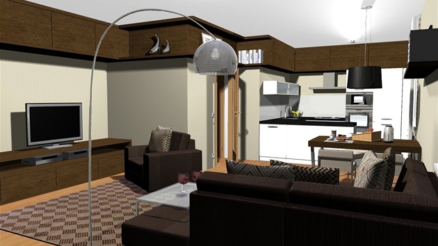 Druhá varianta obývacího pokoje poítá se sádrokartonovými píkami, které budou tvoit úloný prostor nejen pro televizi.