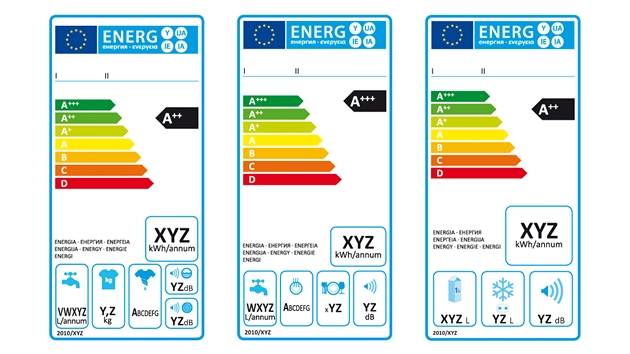 Nové energetické �títky spot�ebi��: zleva pra�ky, my�ky nádobí, chladni�ky a mrazni�ky