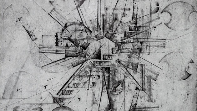 Z výstavy Pocta Vladimíru Boudníkovi (aktivní grafika se strukturou Motor - Msto z roku 1960)