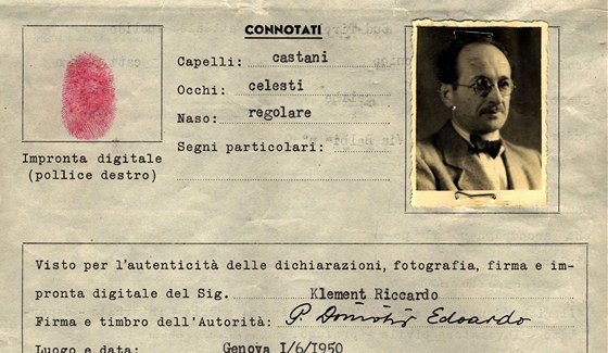 Cestovní dokument vydaný kanceláí erveného kíe v enev, na který Adolf Eichmann vycestoval jako Riccardo Klement do Argentiny