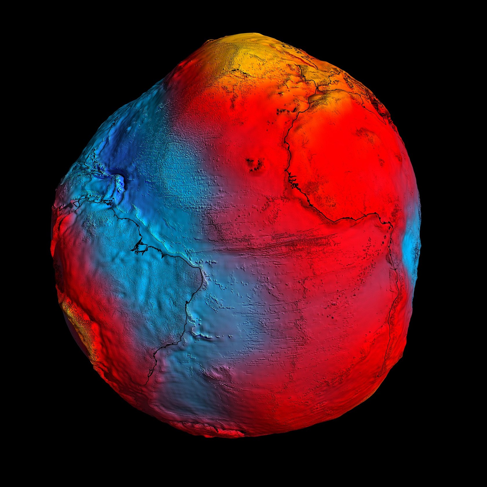Geoid zobrazující rozdíly v gravita�ním poli Zem�. �ervené oblasti jsou s vy��í...