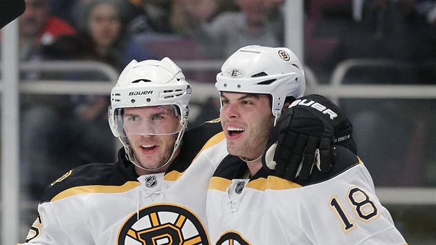 David Krej�í (vlevo) se raduje se spoluhrá�em  Nathanem Hortonem z gólu. 