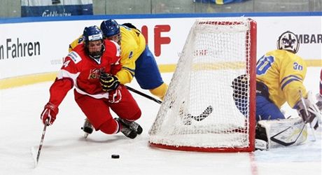 eský hokejista Radek Faksa bojuje za védskou brankou. 