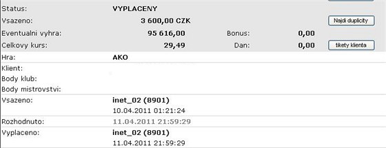 NEJVY��� �IST� V�HRA. Za vsazen�ch 3 600 korun s�zka� vyhr�l skoro 100 tis�c korun.