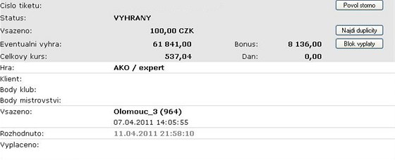 NEJVY��� KURZ. Vyosk� kurz 537,04 poskl�dal dohromady s�zka�, kdy� tipoval v�echny z�pasy 23. kola fotbalov� ligy.