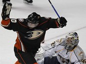 Corey Perry z Anaheimu pekonv Pekku Rinneho z Nashvillu.