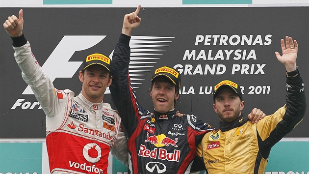 Ti nejlepí ve Velké cen Malajsie: Jenson Button, Sebastian Vettel, Nick Heidfeld.